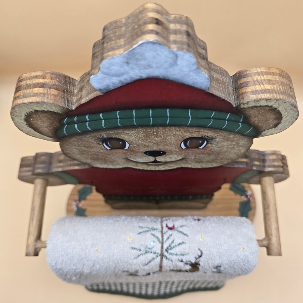 Vintage Christmas Wooden Teddy Bear Towel Holder Hand Painted Folk Art Holiday - Picture 5 of 16